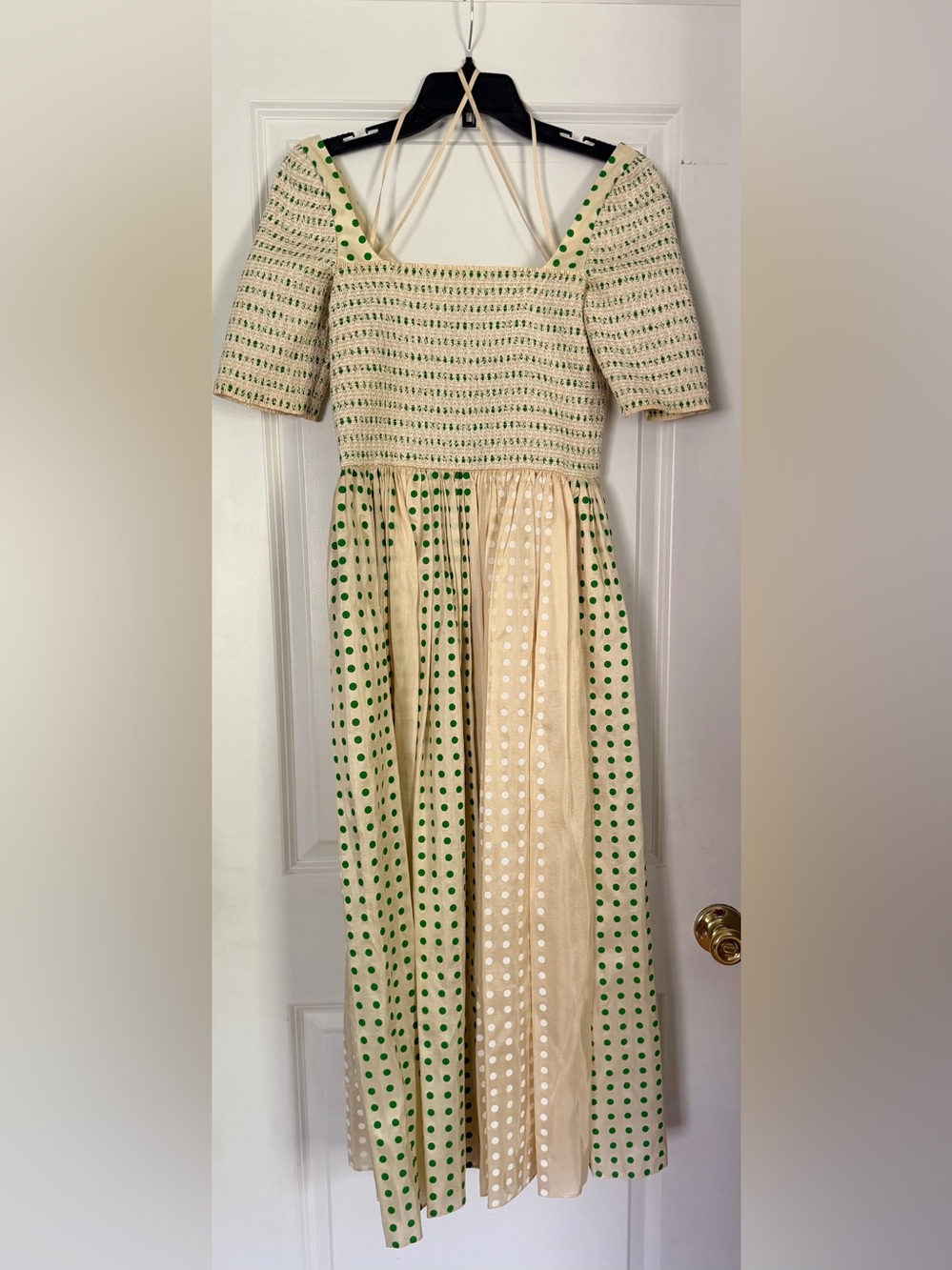 Tory Burch Printed Silk Smocked Polka Dot Midi Dress Green Cream NWT Size 8